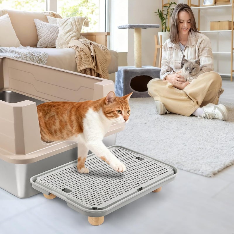 Bartuke Litter Box Step, Cat Ramp/Step/Catcher with Wooden Base, Filter Function, Easy to Clean, Filter Pedal Ideal for Kitten & Elderly Cats (Light Grey) - Image 2
